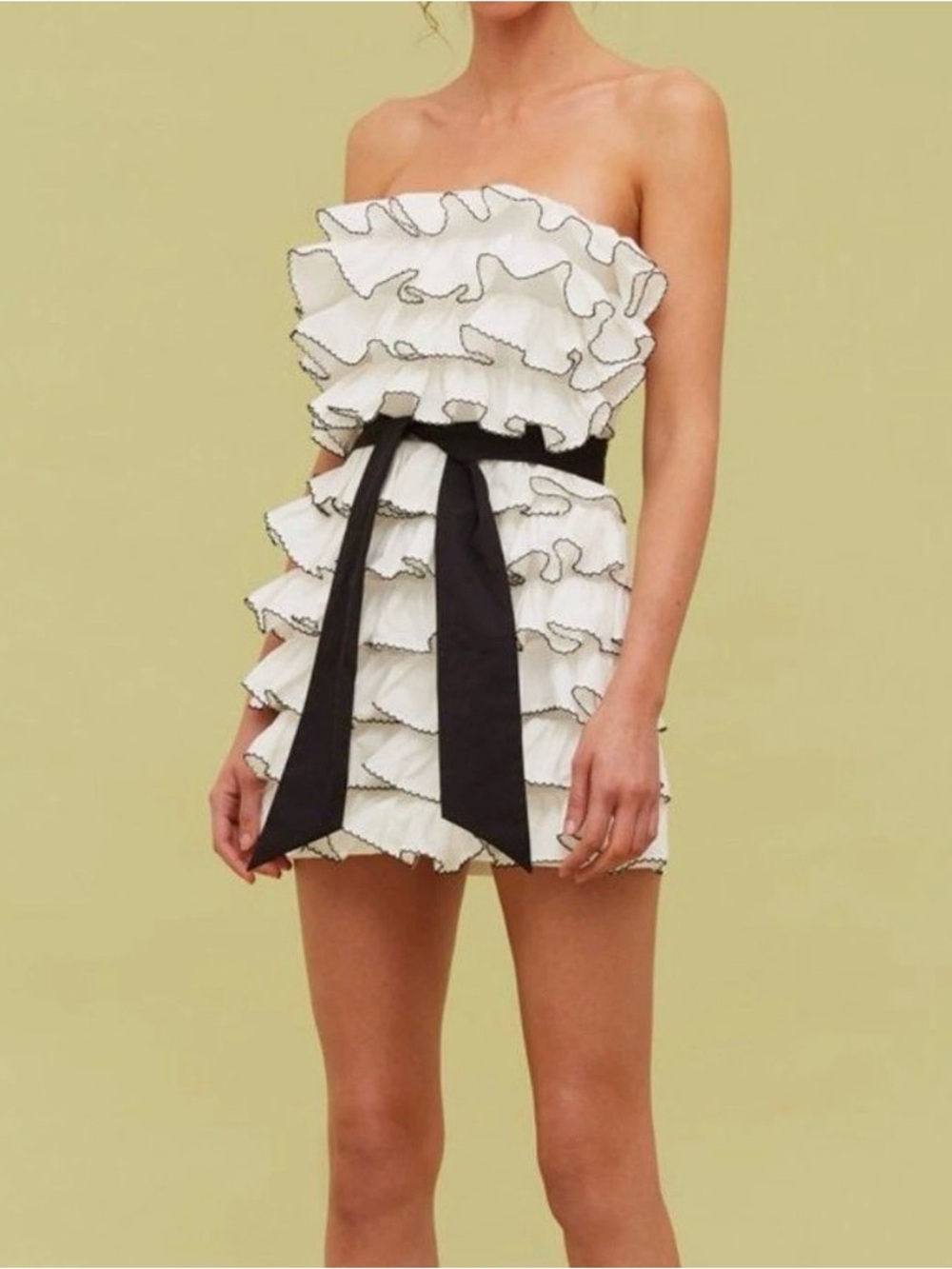 C/MEO Collective White Strapless Ruffle Mini Dress with Black Sash